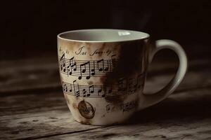 caffè boccale con musica a tema design come come foglio musica tecnologia. ai generato foto
