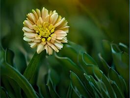 foto primavera paesaggio fioritura campo con verde erba e giallo fiori blu cielo ai generativo