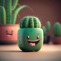 collezione di felice, sorridente, gioioso cartone animato stile sole personaggi per estate, vacanza design. cartone animato cactus sorridente avatar generativo ai foto