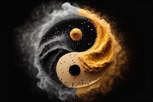 d'oro e nero yin yang simbolo con galleggiante polvere su nero sfondo. astrazione, buddismo, induismo, simbolo, religione, equilibrio concetto. generativo ai foto