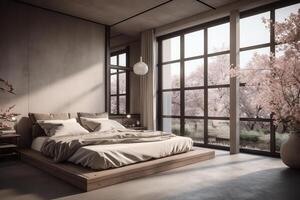 moderno letto camera con un' finestra e fiori di. ai generato foto