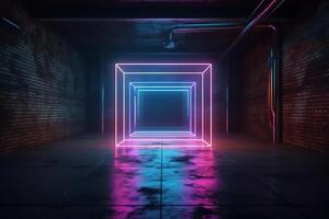 futuristico sci fi elegante moderno neon raggiante rettangolo telaio sagomato Linee tubi viola rosa blu colorato luci nel buio vuoto grunge calcestruzzo mattone camera sfondo 3d resa. ai generato foto