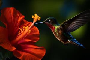 aereo acrobati maestoso colibrì alimentazione su ibisco fiore bellissimo natura fotografia. ai generato foto