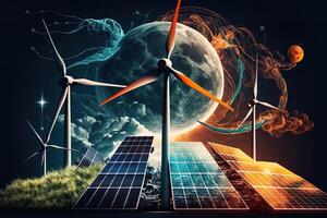 rinnovabile energia sfondo con verde energia come vento turbine e solare pannelli. verde energia concetto energia fonti sostenibile ecologia elementi generativo ai foto