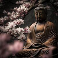 Budda statua con ciliegia fiore. mediazione e zen concetto. generativo ai illustrazione di d'oro statua di Budda a zen giardino foto