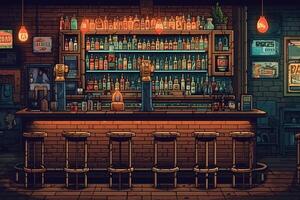interno di un' bar con un' contatore bevande e sgabelli fatto di legna pixel arte stile ai digitale illustrazione. ai generato foto