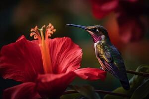 maestoso colibrì bellissimo fotografia di un' colibrì alimentazione su ibisco fiore. ai generato foto