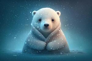 carino polare orso bambino cartone animato onirico nel neve, inverno, generativo ai. animale e paesaggio concetto. foto