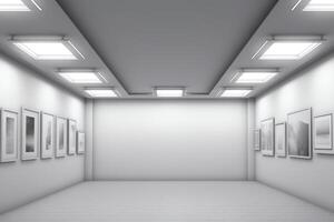 vuoto bianca camera con faretti nel il soffitto galleria o moderno interno modello 3d illustrazione. ai generato foto