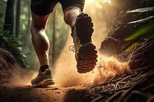 avvicinamento a il corridore piedi è in esecuzione su il sporco itinerario a il giungla, strada e strada. pista in esecuzione sport azione e umano sfida concetto. generativo ai foto