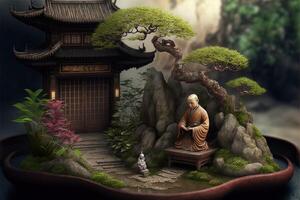 miniatura scrivania zen sandbox con monaco figura sedersi nel loto posizione, impilati zen mare pietre, Marrone elefante figurine, terme candele ardente contro buio studio sfondo, copia spazio. generativo ai foto