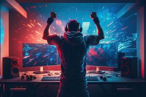 professionale esports gamer gioisce nel il vittoria nel rosso blu illuminato gioco camera. gamer festeggiare vittoria. vincente un esports gioco. generativo ai. elettronico gli sport giocatore gioisce vittoria foto