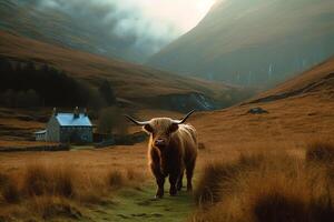 montanaro mucca nel Scozia valle. ai generato foto