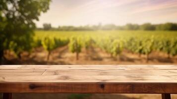 un' francese vigneto servi come il offuscato fondazione per un pulizia di legno tavolo. creativo risorsa, ai generato foto