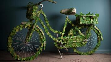 bicicletta assicurato con verde foglia squillo, eco e ambiente concetto. creativo risorsa, ai generato foto