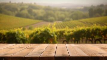 un' francese vigneto servi come il offuscato fondazione per un pulizia di legno tavolo. creativo risorsa, ai generato foto