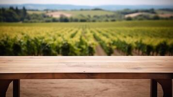 un' francese vigneto servi come il offuscato istituzione per un pulizia di legno tavolo. creativo risorsa, ai generato foto