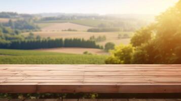 un' francese vigneto servi come il offuscato istituzione per un pulizia di legno tavolo. creativo risorsa, ai generato foto