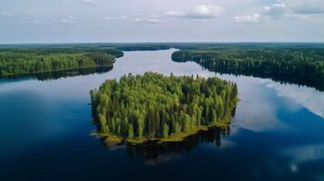 aerotrasportato vedere di blu acqua lago e verde estate boschi nel Finlandia. creativo risorsa, ai generato foto