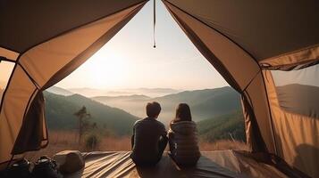 uomo e abbondante donna coppia apprezzare nel essi tenda a essi campeggio punto con mattina per inizio con leggero vedere. creativo risorsa, ai generato foto