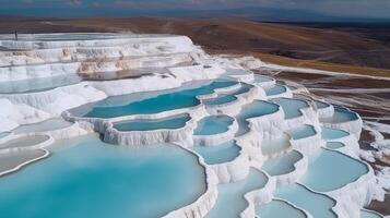 aerotrasportato battere vedere pamukkale tacchino travertino piscine, natura yard con blu acqua. creativo risorsa, ai generato foto