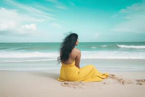 indietro Visualizza di un' donna seduta su un' spiaggia. ai generato foto