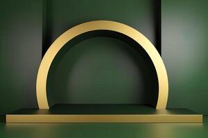 lusso verde e d'oro palcoscenico podio per cosmetico Prodotto Schermo presentazione minimo scena. ai generato foto