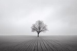 un' solitario albero sta solo nel un' nebbioso campo. ai generato foto