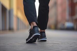 gambe Visualizza di un' persona a piedi su il strada indossare gli sport scarpe. ai generato foto