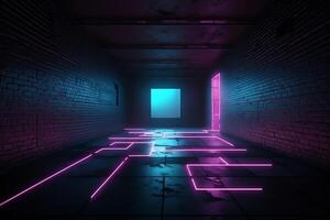 buio sci fi moderno futuristico vuoto grunge mattone parete camera viola blu rosa raggiante luci calcestruzzo pavimento neon verticale linea leggero forme vuoto spazio 3d resa. ai generato foto