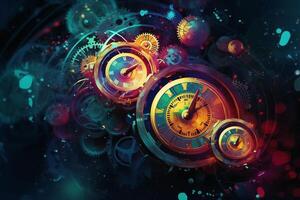 orologio e orologio ingranaggi nel spazio futuristico astratto sfondo vivace colori illustrazione tempo e universo concetto. ai generato foto