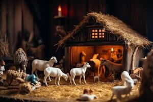 Natale nascita di Gesù Natività scena con fienile e animali. ai generato foto