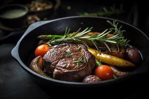 primavera grigliato bistecca e verdure fresco a partire dal il azienda agricola su il tuo tavolo frizzante filetto bistecca con rosmarino nel un ferro padella con simpatico illuminazione e fondale arte. ai generato foto