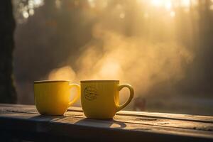Due giallo caffè tazze seduta su un' di legno tavolo con un' cottura a vapore tazza nel il mezzo di il boccale con un' sfocato sfondo di alberi. ai generato foto