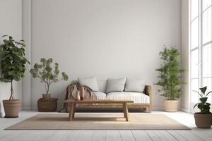 agriturismo interno vivente camera vuoto parete modello nel bianca camera con grigio divano di legno mobilia e verde pianta 3d rendere. ai generato foto