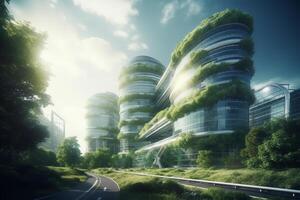 sostenibile verde città con futuristico ufficio edificio e architettura sublime Immagine. ai generato foto