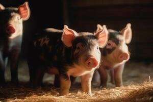 maialino famiglia nel fienile di depressione su villaggio azienda agricola. ai generato foto