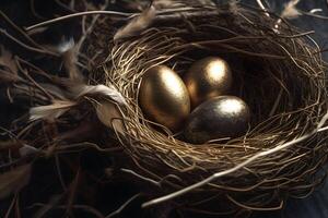 il scintillante d'oro uovo nel il nido, generativo ai generato foto