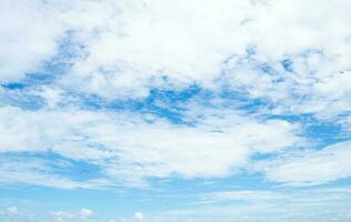 bellissimo blu cielo e bianca nuvole astratto sfondo. Cloudscape sfondo. blu cielo e soffice bianca nuvole su soleggiato giorno con uccelli volare. natura tempo atmosferico. bellissimo blu cielo su un' estate giorno. foto