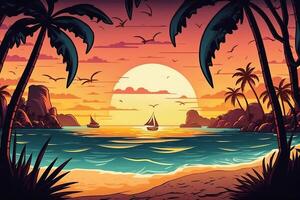 tropicale spiaggia con oceano tramonto e palma alberi, cartone animato estate Visualizza, illustrazione con estate sfondo, generativo ai foto