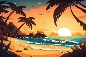 tropicale spiaggia con oceano tramonto e palma alberi, cartone animato estate Visualizza, illustrazione con estate sfondo, generativo ai foto