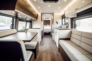 luxe interno, attività commerciale autobus per in viaggio con famiglia e attività commerciale. generativo ai foto