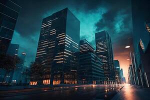 un' moderno città a notte con grattacieli. attività commerciale centro. generativo ai foto