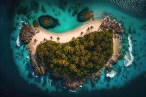 ai generato isola con un' spiaggia e palma alberi nel il oceano aereo Visualizza. foto