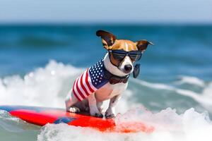 carino cucciolo fare surf nel il mare indossare occhiali da sole e indossare Stati Uniti d'America bandiera su il celebrazione di Stati Uniti d'America indipendenza giorno ai generativo foto