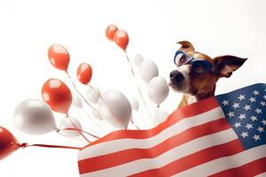 carino cane cucciolo godendo Stati Uniti d'America indipendenza giorno ai generativo con occhiali da sole e baloons foto