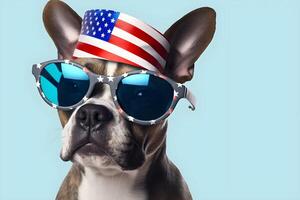 pitbull indossare Stati Uniti d'America bandiera cappello e occhiali da sole Stati Uniti d'America indipendenza giorno ai generativo foto