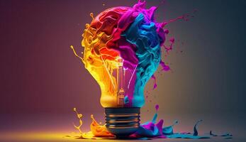 un' colorato raggiante 3d idea lampadina lampada visualizzazione di brainstorming, luminosa idea e creativo pensiero, generativo ai foto