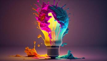 un' colorato raggiante 3d idea lampadina lampada visualizzazione di brainstorming, luminosa idea e creativo pensiero, generativo ai foto