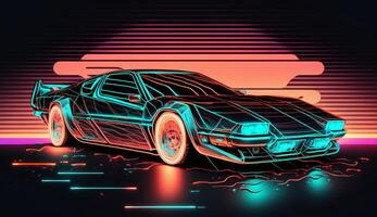 cyberpunk futuristico retrò onda synth onda macchina, retrò gli sport auto con neon controluce contorni, generativo ai foto